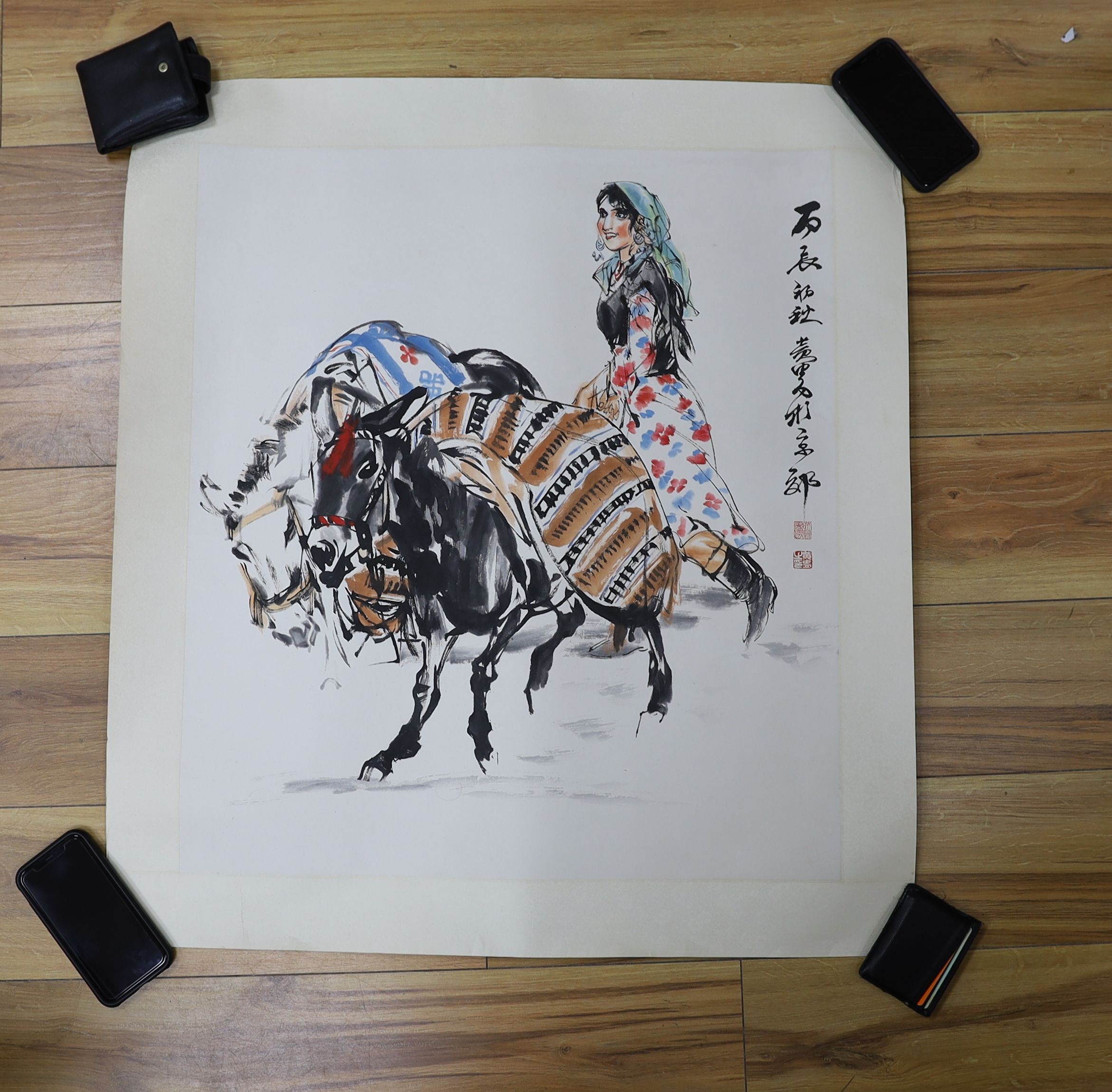 Chinese School, ink and watercolour, Woman and pack mules, signed, 69 x 69cm, unframed